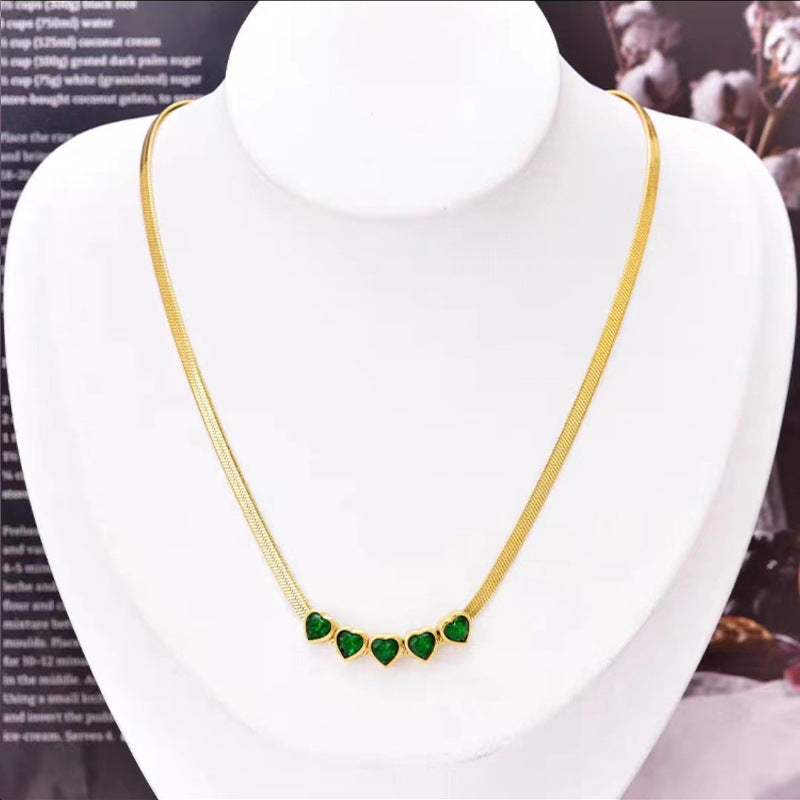 Wholesale Heart Green Zircon Titanium Steel Necklaces